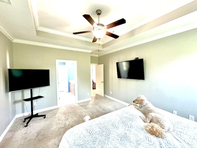 carpeted bedroom featuring crown molding, ceiling fan, and a raised ceiling