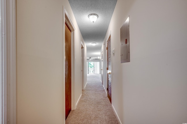 hall featuring a textured ceiling, light colored carpet, and electric panel