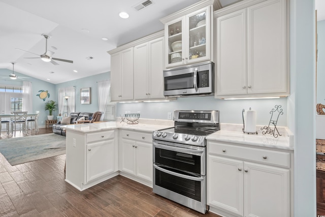 kitchen with white cabinetry, ceiling fan, vaulted ceiling, and appliances with stainless steel finishes