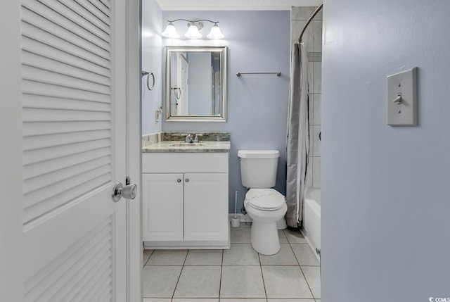 full bathroom with tile flooring, toilet, oversized vanity, and shower / bath combo with shower curtain