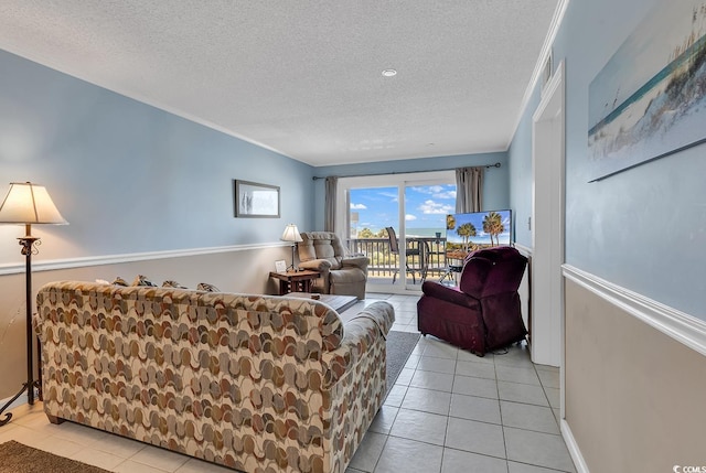 tiled living room with a textured ceiling