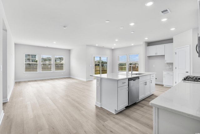 kitchen with dishwasher, white cabinetry, plenty of natural light, and an island with sink