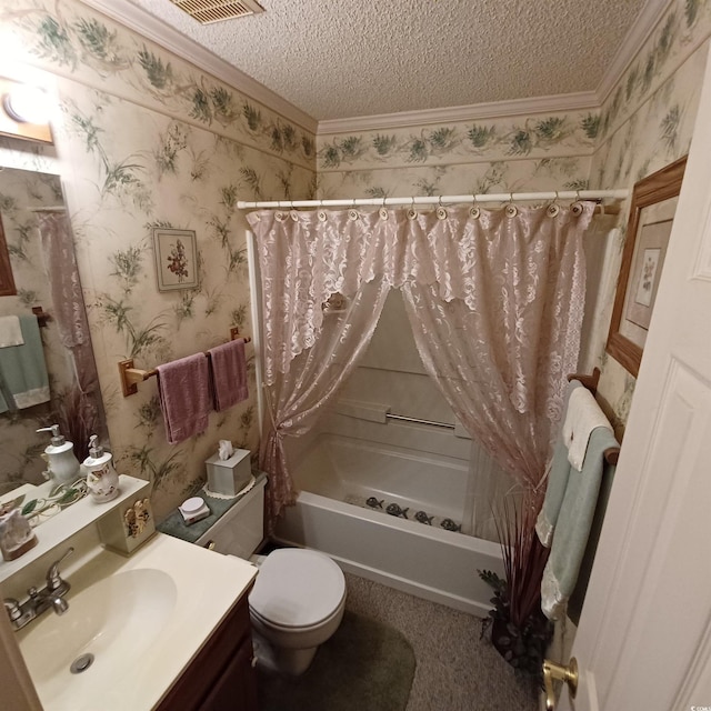 full bathroom with vanity, crown molding, toilet, shower / bath combo with shower curtain, and a textured ceiling