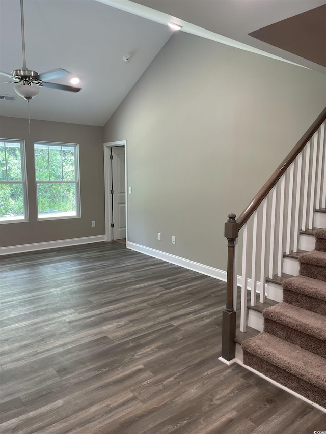 interior space featuring hardwood / wood-style floors, ceiling fan, and lofted ceiling