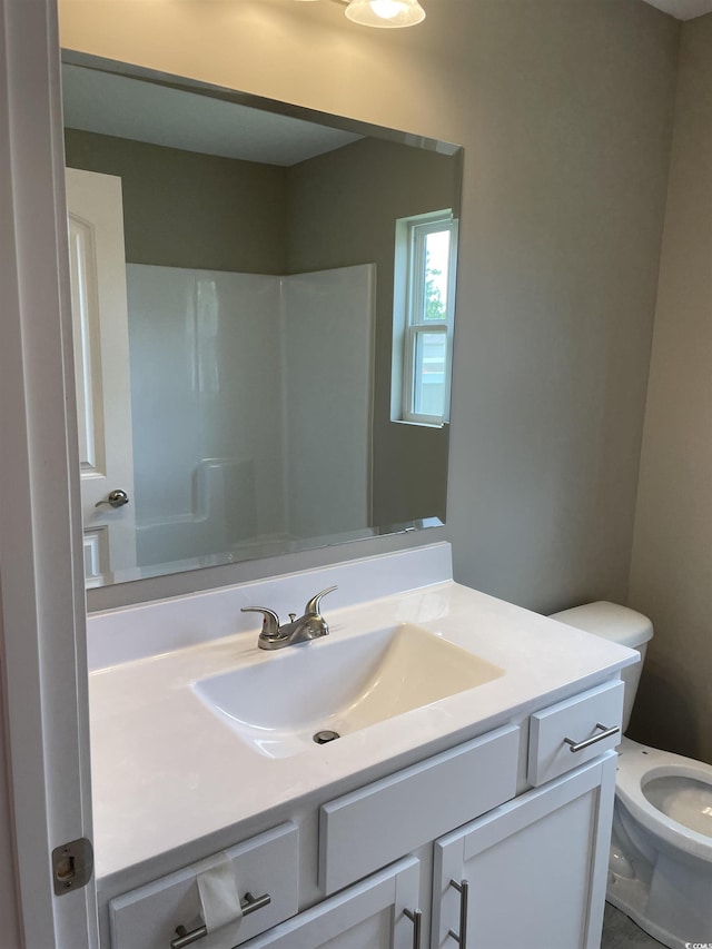 bathroom with a shower, vanity, and toilet