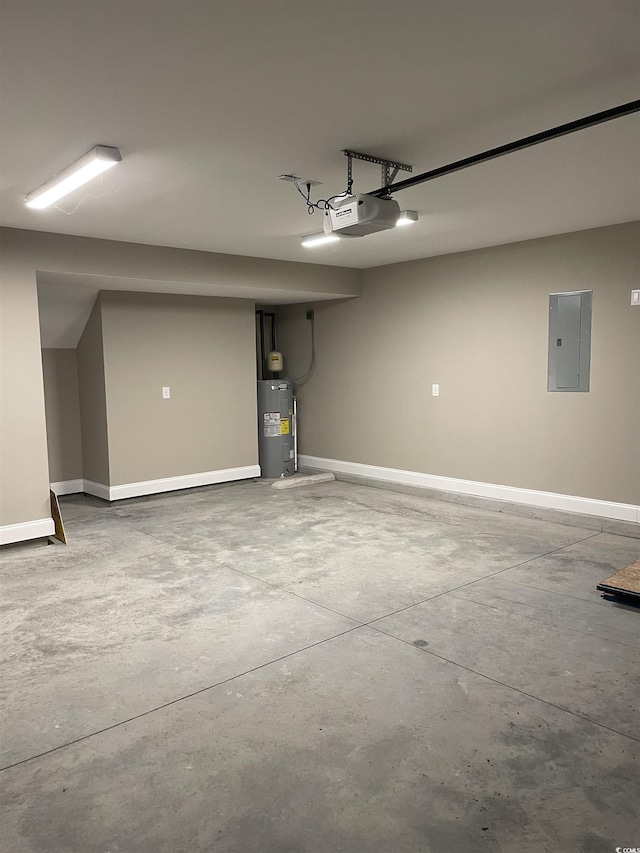 garage with electric panel, a garage door opener, and water heater