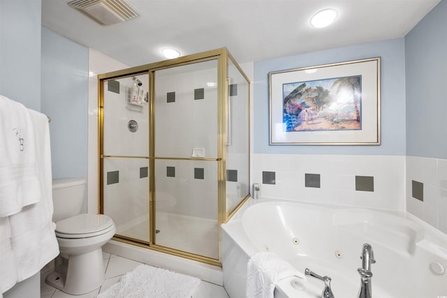 bathroom with separate shower and tub, toilet, and tile floors