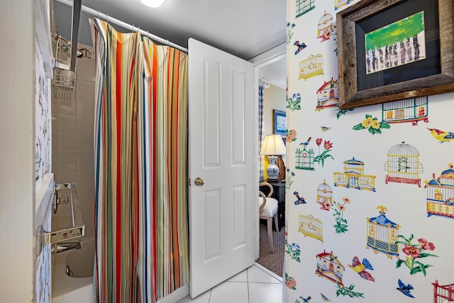 bathroom featuring tile floors and shower / bath combination with curtain