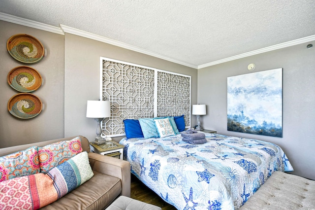 bedroom with a textured ceiling and ornamental molding