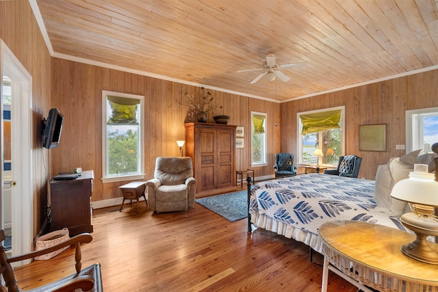 bedroom with wood walls, light wood-type flooring, and wooden ceiling