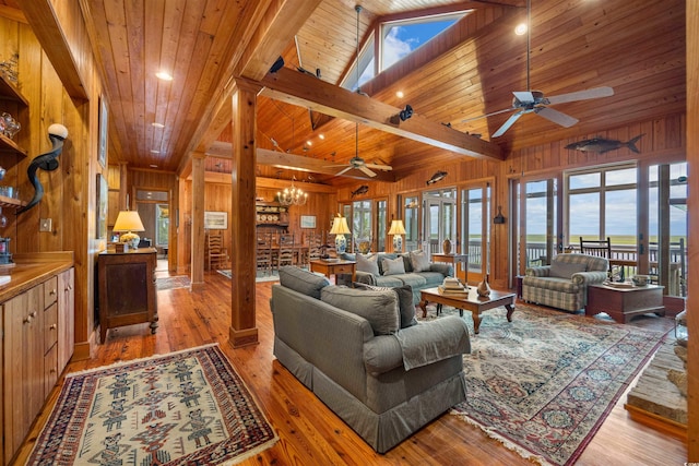 living room featuring wood-type flooring, ceiling fan, wooden walls, and wood ceiling