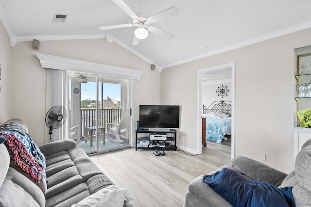 living room with ceiling fan, light hardwood / wood-style floors, vaulted ceiling, and ornamental molding