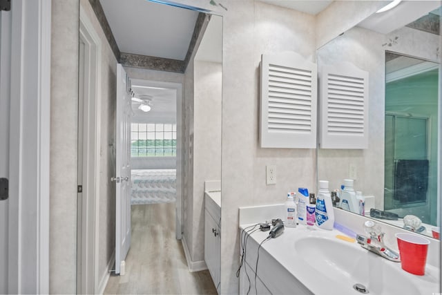 bathroom with wood-type flooring, vanity, and ceiling fan