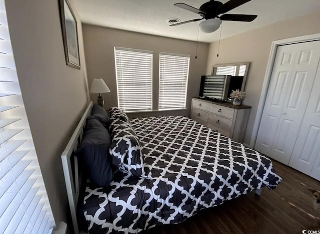 bedroom featuring ceiling fan, a closet, and dark wood-type flooring