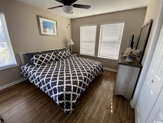 bedroom with multiple windows, a closet, ceiling fan, and dark wood-type flooring