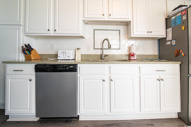 5800 N Ocean Blvd Unit 705, North Myrtle Beach, SC 29582 - kitchen with stainless steel dishwasher, tasteful backsplash, and white cabinetry