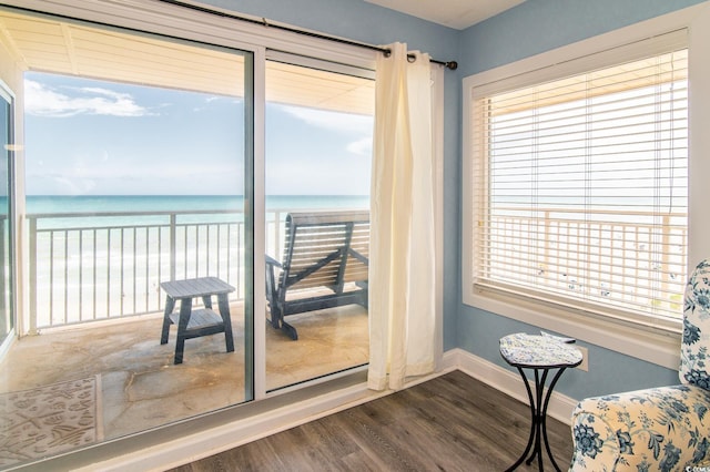 5800 N Ocean Blvd Unit 705, North Myrtle Beach, SC 29582 - living area with dark wood finished floors, a water view, and plenty of natural light