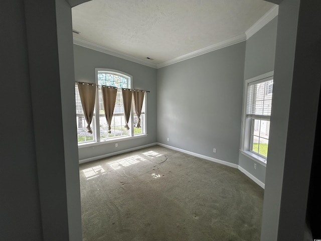 carpeted spare room featuring a textured ceiling, baseboards, and crown molding