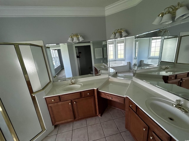 bathroom featuring ornamental molding, a stall shower, and a sink