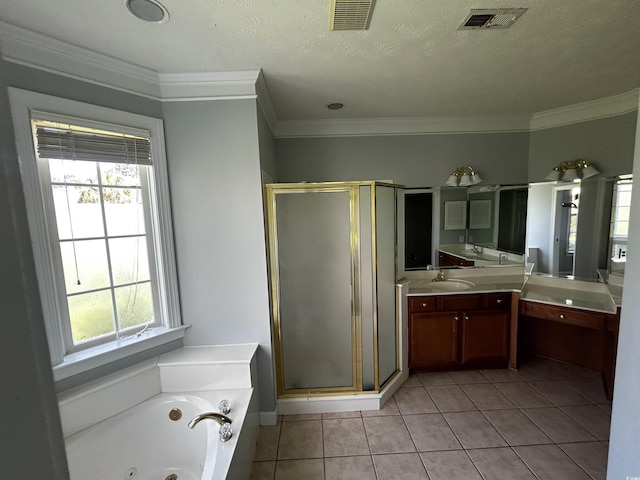 bathroom featuring a tub with jets, a stall shower, and visible vents