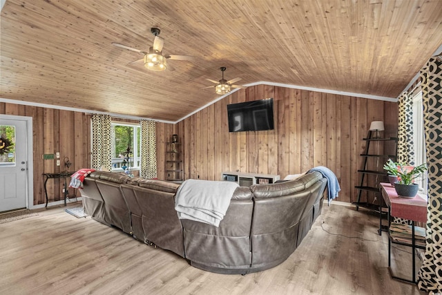 living room featuring hardwood / wood-style flooring, vaulted ceiling, and wooden ceiling