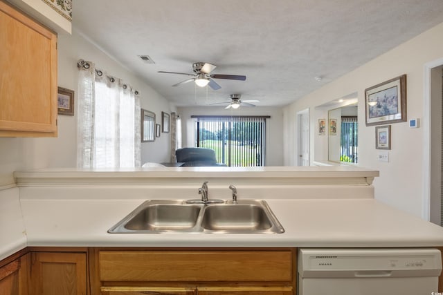 kitchen with a textured ceiling, dishwasher, ceiling fan, and sink