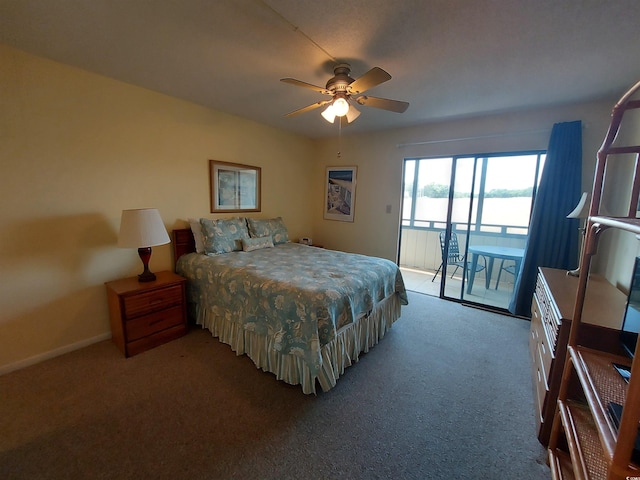 carpeted bedroom with ceiling fan and access to exterior