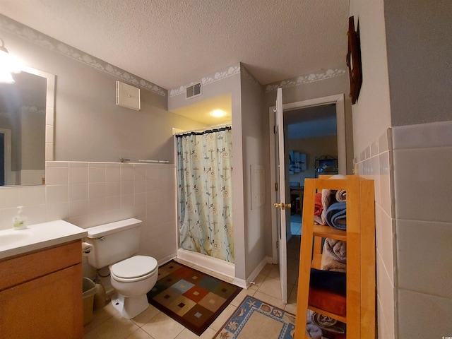 bathroom featuring backsplash, tile flooring, tile walls, and toilet