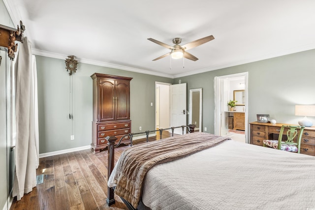 bedroom with ensuite bathroom, crown molding, ceiling fan, and wood-type flooring