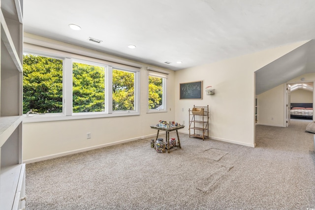 interior space featuring light carpet