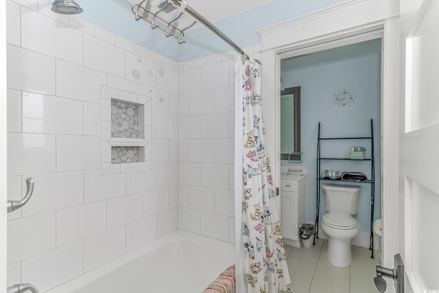 bathroom featuring shower / bathtub combination with curtain, tile patterned flooring, and toilet