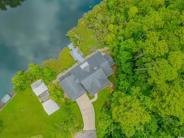 drone / aerial view featuring a water view