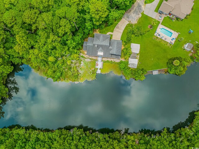 birds eye view of property featuring a water view