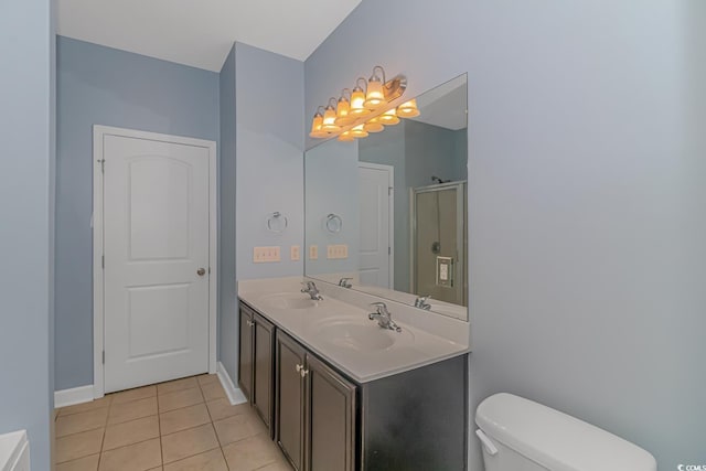 bathroom with tile patterned flooring, vanity, toilet, and walk in shower