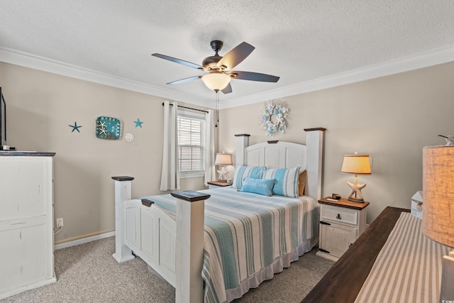 carpeted bedroom with ornamental molding, ceiling fan, a textured ceiling, and baseboards