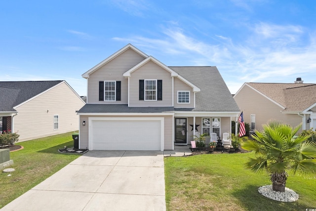 front facade featuring covered porch, a garage, and a front yard