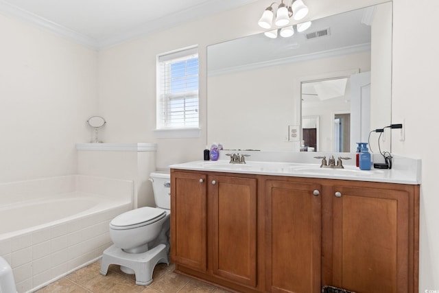 bathroom with tile patterned floors, tiled tub, toilet, vanity, and ornamental molding