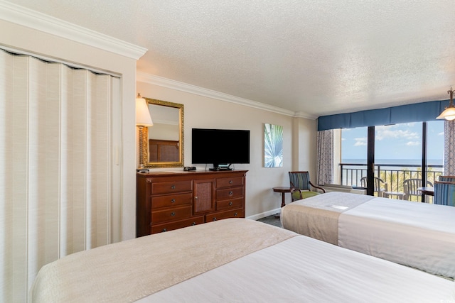 bedroom with crown molding, access to exterior, and a textured ceiling