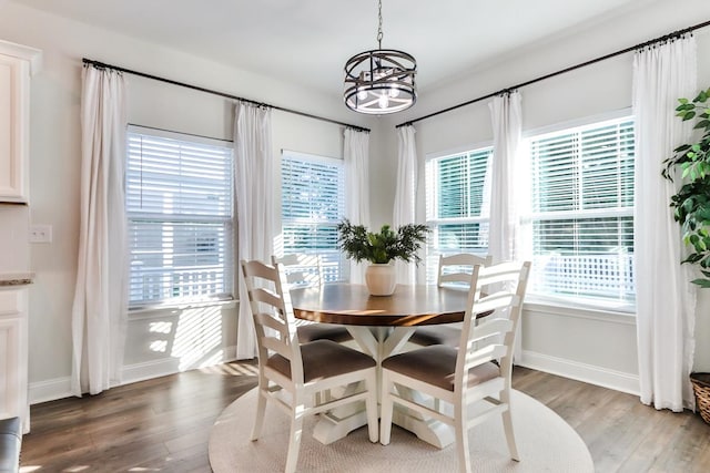 dining room featuring plenty of natural light, an inviting chandelier, and hardwood / wood-style floors