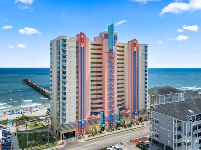 view of building exterior with a water view