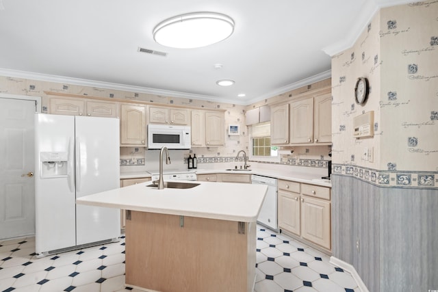 kitchen featuring a center island, white appliances, light brown cabinetry, light tile patterned floors, and crown molding