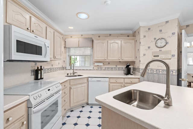 kitchen featuring sink, light brown cabinets, white appliances, and light tile patterned floors