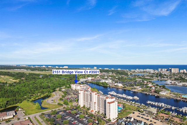 bird's eye view with a water view