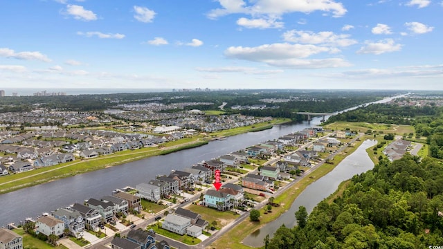 drone / aerial view featuring a water view