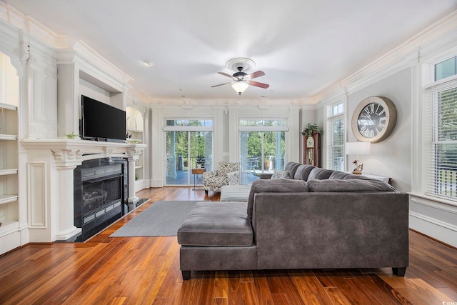 living room featuring wood-type flooring, ceiling fan, and plenty of natural light