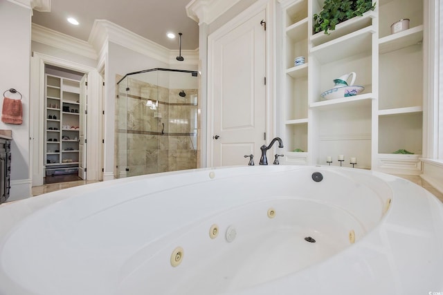 bathroom with shower with separate bathtub and ornamental molding