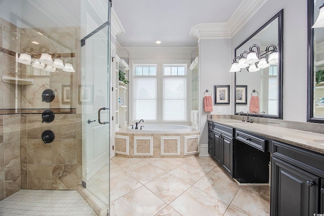 bathroom featuring crown molding, vanity, and separate shower and tub