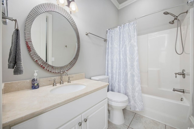 full bathroom with shower / bath combination with curtain, tile patterned flooring, crown molding, vanity, and toilet