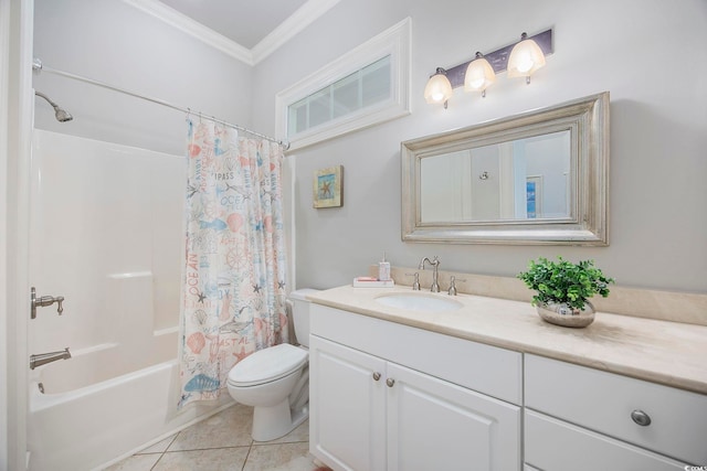 full bathroom featuring vanity, shower / bath combo with shower curtain, tile patterned floors, crown molding, and toilet