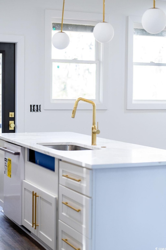 kitchen with a sink, stainless steel dishwasher, a healthy amount of sunlight, and dark wood finished floors